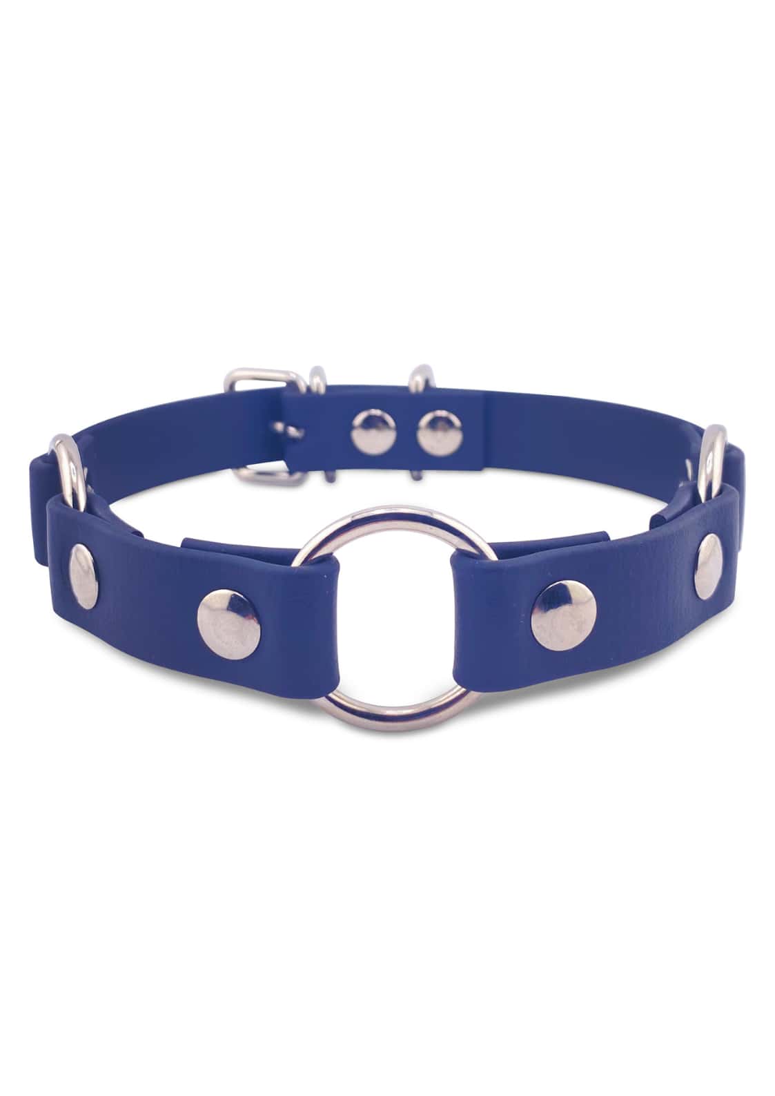 Blauer lederchoker mit silbernen metallnieten und zentralem ring handgefertigte choker aus langlebigem material im gothic stil